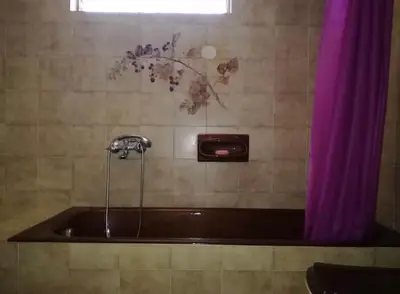 a bathroom with a bath tub with a purple shower curtain at Villa Stefania - with Sea View Terrace in Drapaniás