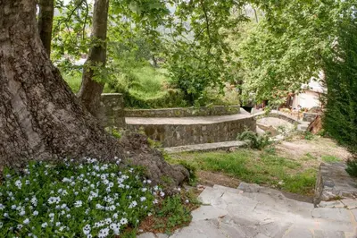a park with a tree with flowers and a stone bench at Marika Traditional Home in Élos