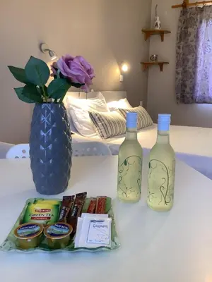 a table with two bottles of milk and a vase at Piccolo Paradiso Apartments in Kato Daratso