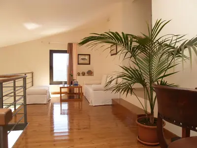 a living room with a couch and a palm tree at Villa Rotunda A in Kolymvari