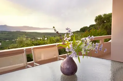 a vase filled with purple flowers on a table at Villa SteMa in Xirokámbion