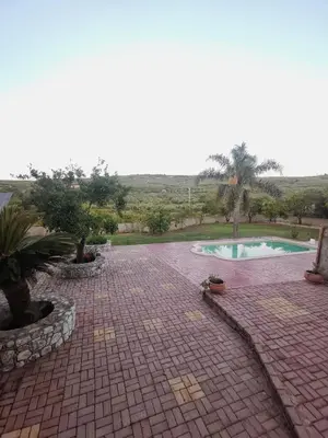 a brick patio with a pool in a yard at Villa Elea Apartments in Spiliá