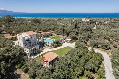 an aerial view of a house with a swimming pool at Villa Athinais in Gerani Chanion