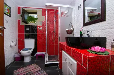 a red bathroom with a toilet and a sink at Mansion Rokka in Kissamos
