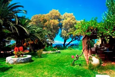 a green yard with palm trees and a grass field at Kalives Apartments in Kalyves
