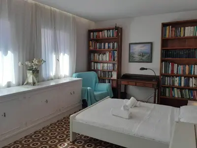 a bedroom with a bed and a desk and book shelves at White Rose in Chania Town