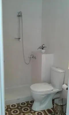 a white bathroom with a toilet and a shower at White Rose in Chania Town