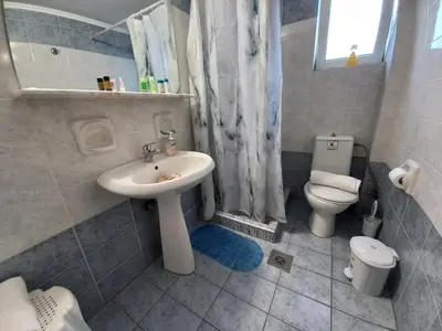 a bathroom with a sink and a toilet at Babis Apartments in Plataniás
