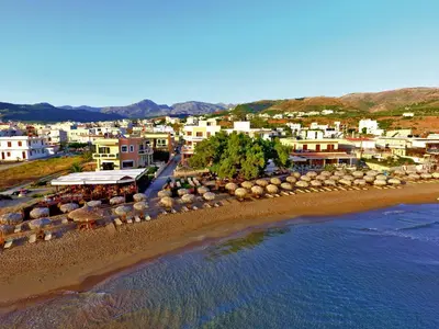 an aerial view of a beach with a town at Maria Beach Hotel in Kissamos
