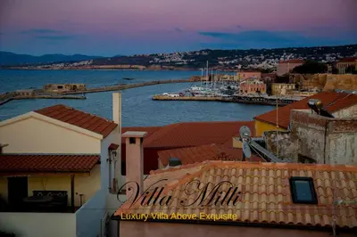 a view of a city with a river and a harbor at Villa Milli in Chania Town