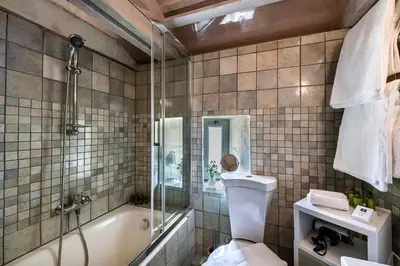 a bathroom with a shower and a toilet and a tub at Villa Emilia front sea in Kalathas