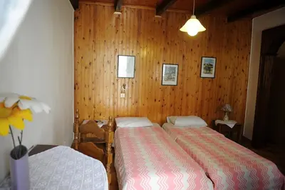 two beds in a room with wood paneling at Eleonora in Chania Town