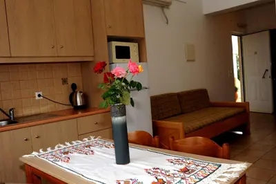 a vase with flowers on a table in a kitchen at Evilion hotel in Stalos