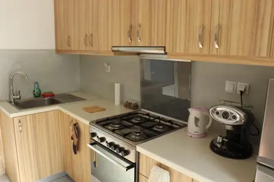 a small kitchen with a stove and a sink at Grandma's Nest in Kissamos