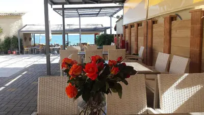 a vase filled with red flowers sitting on a table at Vaso Apartments in Plataniás