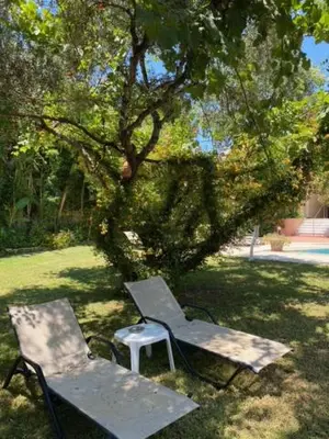 a picnic table and a chair next to a tree at Dionyssos Village in Kato Daratso