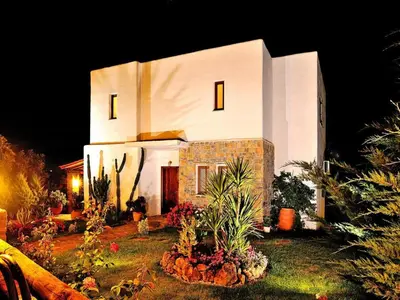 a white house at night with plants in the yard at Private Pool & Garden Villa for 6 in Pemónia