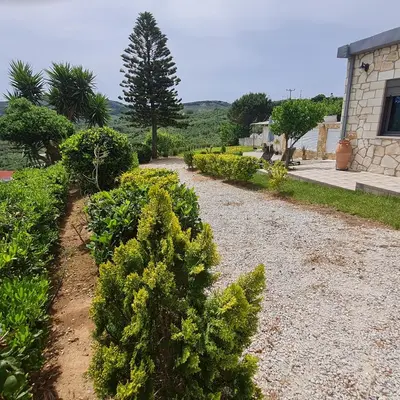 a garden with trees and bushes on a gravel road at Archontiko Haris in Kolymvari