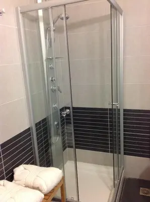 a shower with a glass door in a bathroom at VILLA ASTERAKI private pool, magic sunsets, near Elafonisi in Ãyios FÃ³tios