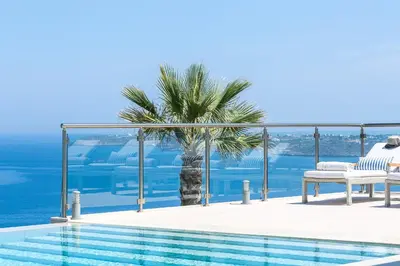 a villa with a swimming pool and a palm tree at Elias Luxury Villa in Kalathas