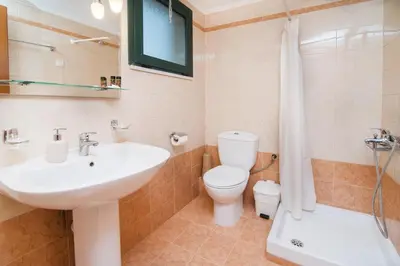 a bathroom with a sink and a toilet and a shower at Roubini Apartments in Falasarna