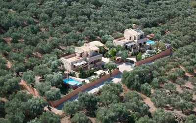 an aerial view of a large house with a pool at Drys Villas in Xirokámbion