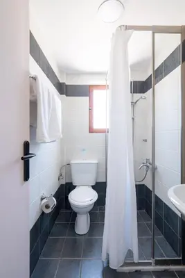 a bathroom with a toilet and a shower at Serenity Hideaway in Palaiochóra
