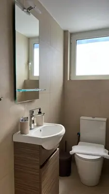 a bathroom with a sink and a toilet and a mirror at Lily of Crete 1 - Sea & Beach front Apartment in Kalamaki Chanion
