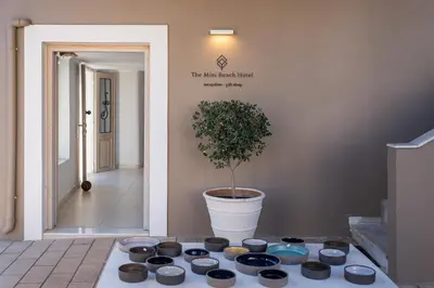 a bunch of bowls on a table with a potted plant at The Mini Beach Hotel in Stalos