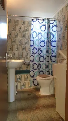 a bathroom with a toilet and a shower curtain at Enjoy Sunset in Palaiochóra