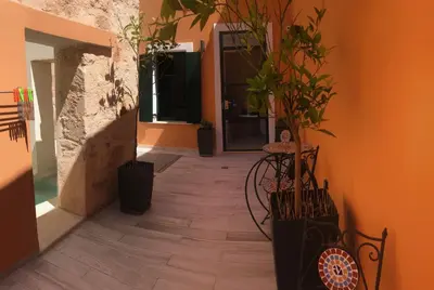 a hallway with plants and a door in a building at Antica Canea Luxury Rooms in Chania Town