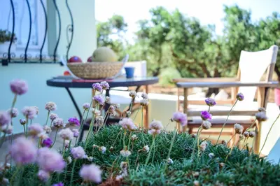 a garden with purple flowers and a table at MaGea- Asterias Ground floor peaceful apartment in Tavronitis