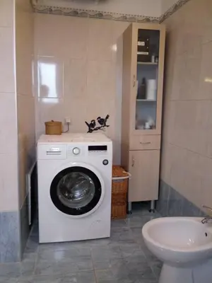 a bathroom with a washing machine and a toilet at Manolo s olive farm, apartment with seaview in Chania Town