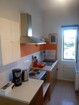 a kitchen with a stove and a counter top at Manolo s olive farm, apartment with seaview in Chania Town