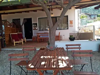 a wooden picnic table with chairs and a tree at apartment over the sea Private place to swim in Ravdhoúkha