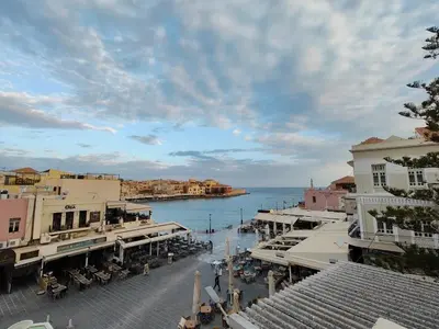 a view of a town with the water and buildings at Old Port - Bellavista Studio in Chania Town