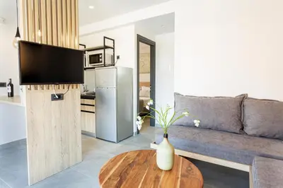 a living room with a couch and a table at Twins Apartments in Plataniás