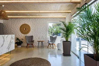 a living room with two chairs and potted plants at Solimar White Pearl - Adults Only in Kolymvari