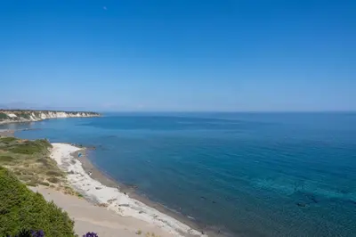 an aerial view of a beach with the ocean at Fata Morgana Studios & Apartments in Frangokastello