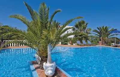 a large swimming pool with a palm tree next to it at Tersanas Village Apartments in Tersanas