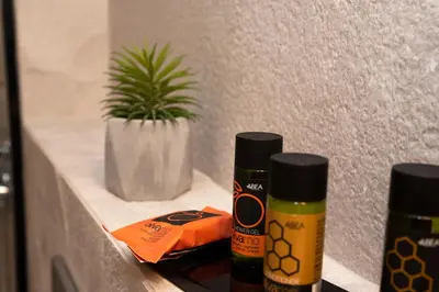 two bottles of hair products sitting on a ledge with a plant at Superior Central Studio in Chania Town