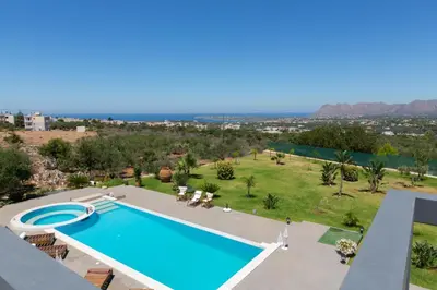 an aerial view of a swimming pool in a yard at Villa Kounoupidiana in Kounoupidhianá