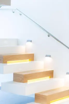 a set of wooden stairs with lights on them at Sissy Luxury Villa Chania in Plataniás