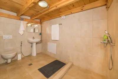 a bathroom with a shower and a toilet and a sink at ARADENA TRADITIONAL House 3 in Arádhaina
