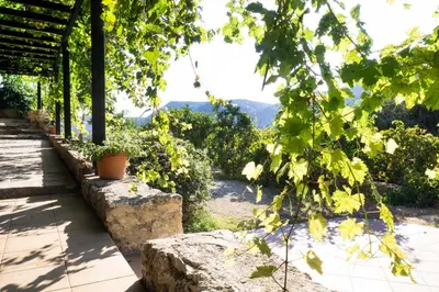 a view from the porch of a winery with mountains in the background at Villa Talos in Palaiochóra