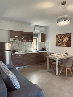 a kitchen and living room with a table and a couch at Golden Victory in Agia Marina Nea Kydonias