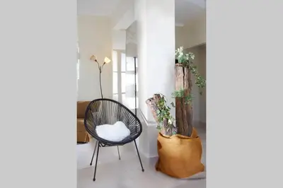 a black chair and a plant in a room at Chania Green House 1 in SFakianalíon