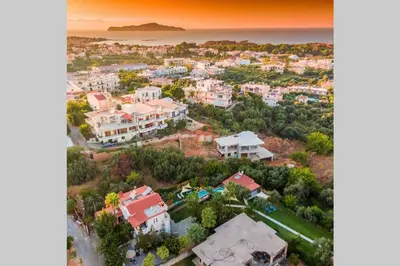 an aerial view of a city with houses at Chania Green House 2 in Aghii Apostoli