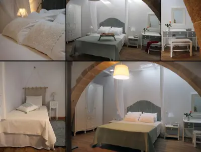 a group of four pictures of a bedroom with two beds at Charming villa in Chania with parking included in Kolymvari
