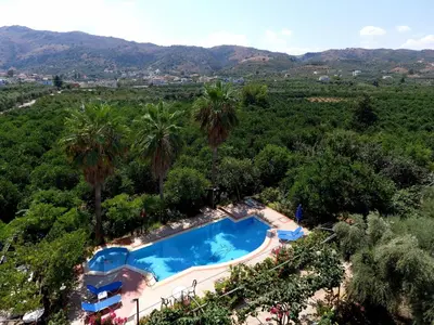 an overhead view of a swimming pool with palm trees at Maros Spitaki in Varípetron